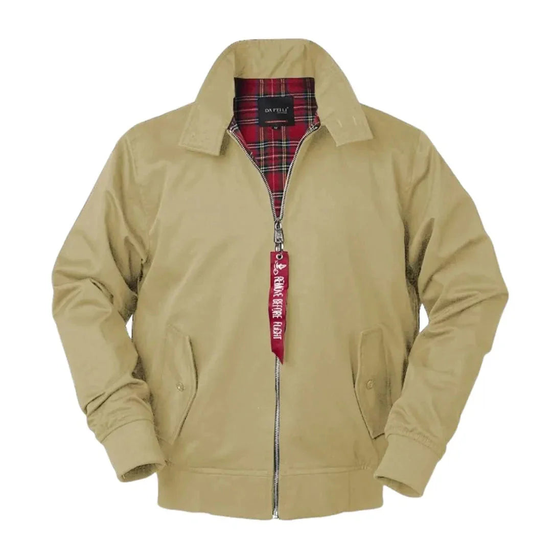 Men's navy Harrington jacket tailored shoulders, tartan lining, ribbed cuffs classic bomber style
