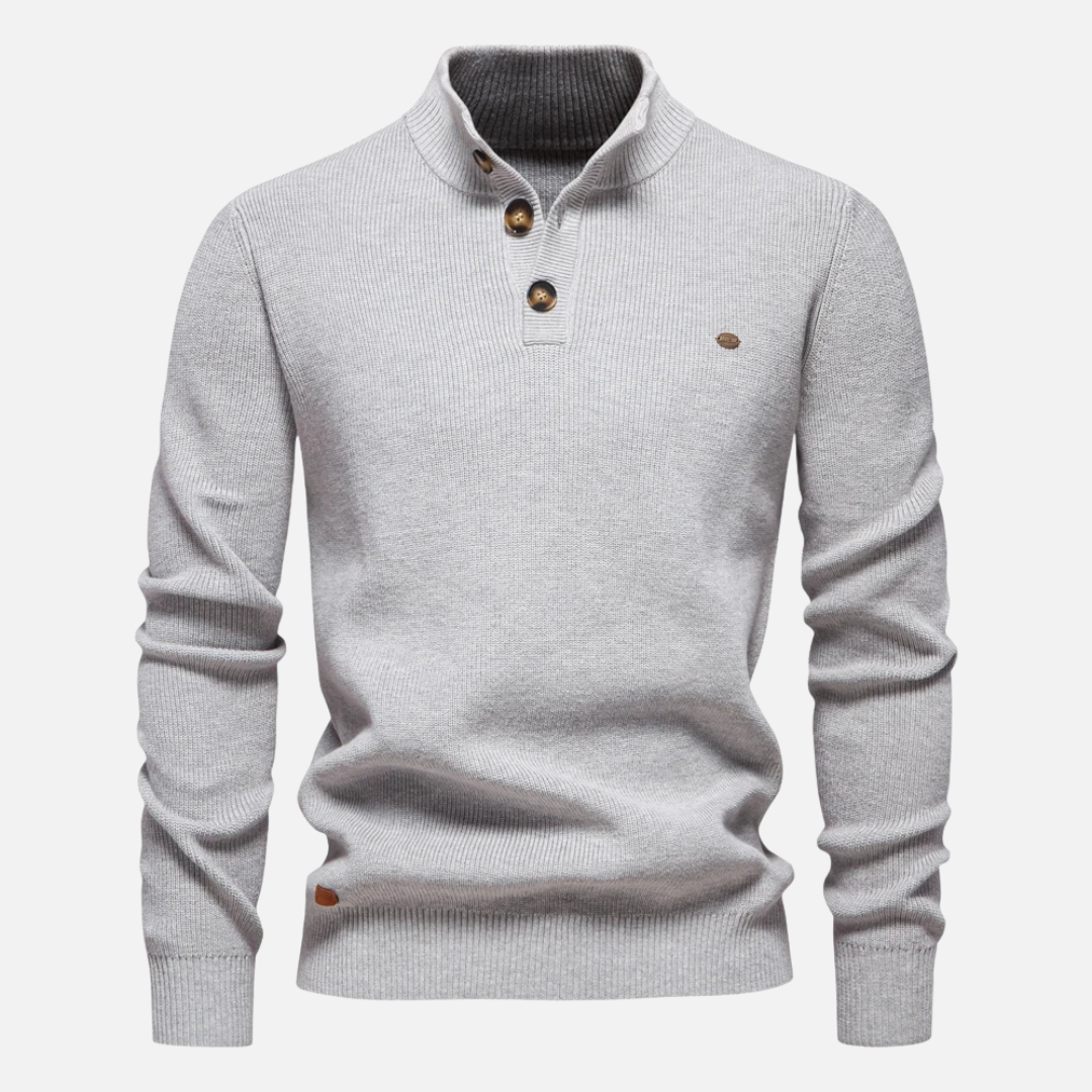 Men's slim-fit wool blend turtleneck sweater with button collar detail, rib knit warm casual layer