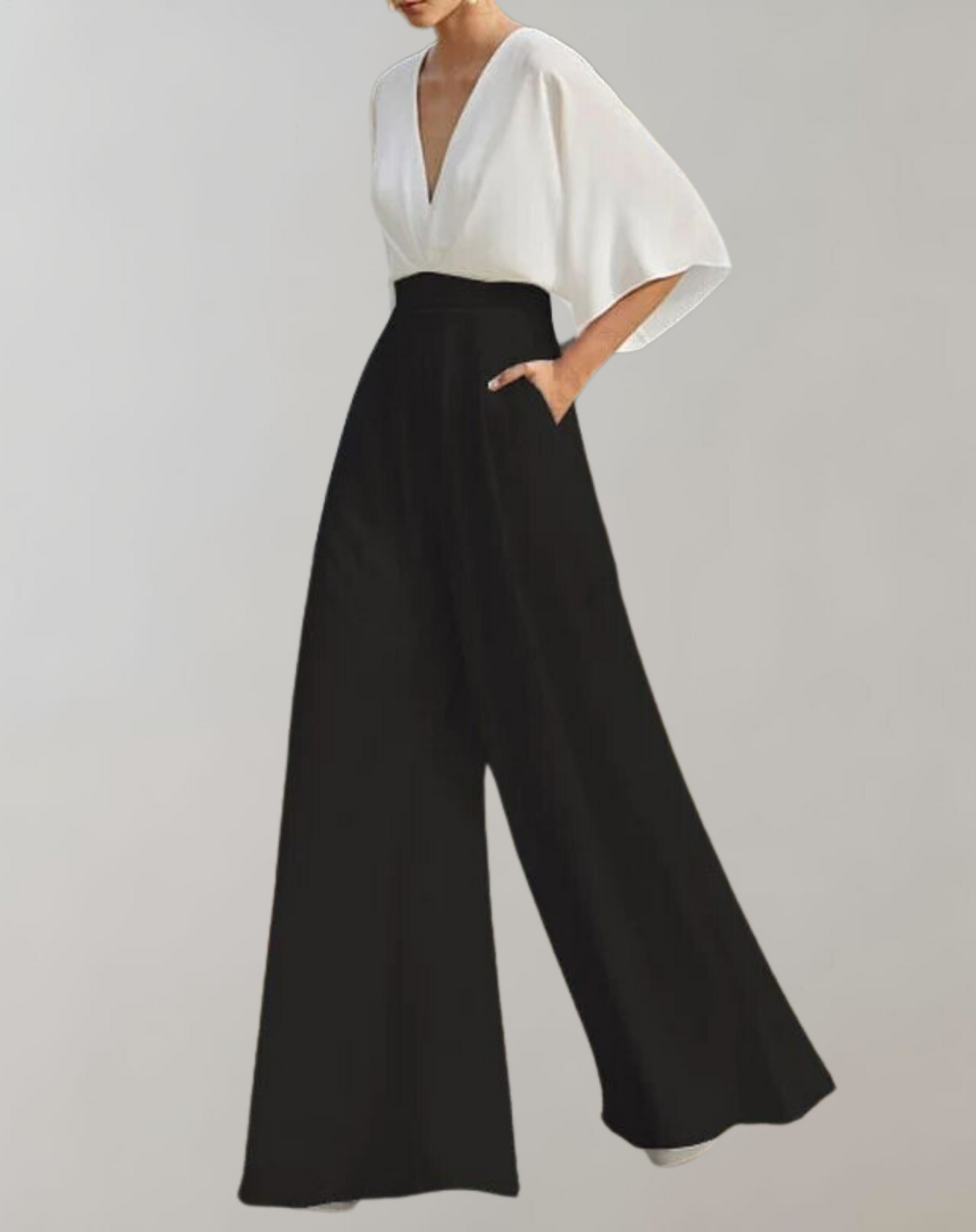 Blush pink wide leg jumpsuit batwing sleeves plunging V-neckline floor-length formal women's one-piece