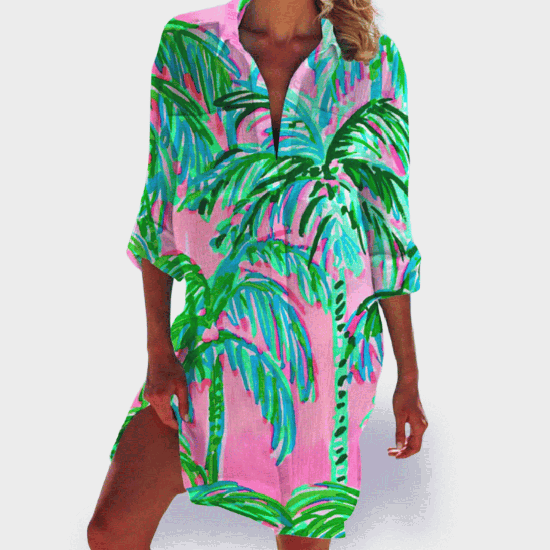 Women's flowy draped casual summer dress in vibrant multicolor with curve-flattering silhouette