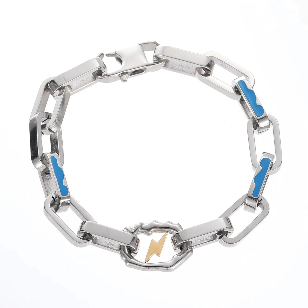 Titanium steel link chain bracelet necklace with blue enamel accents and gold lightning bolt motif