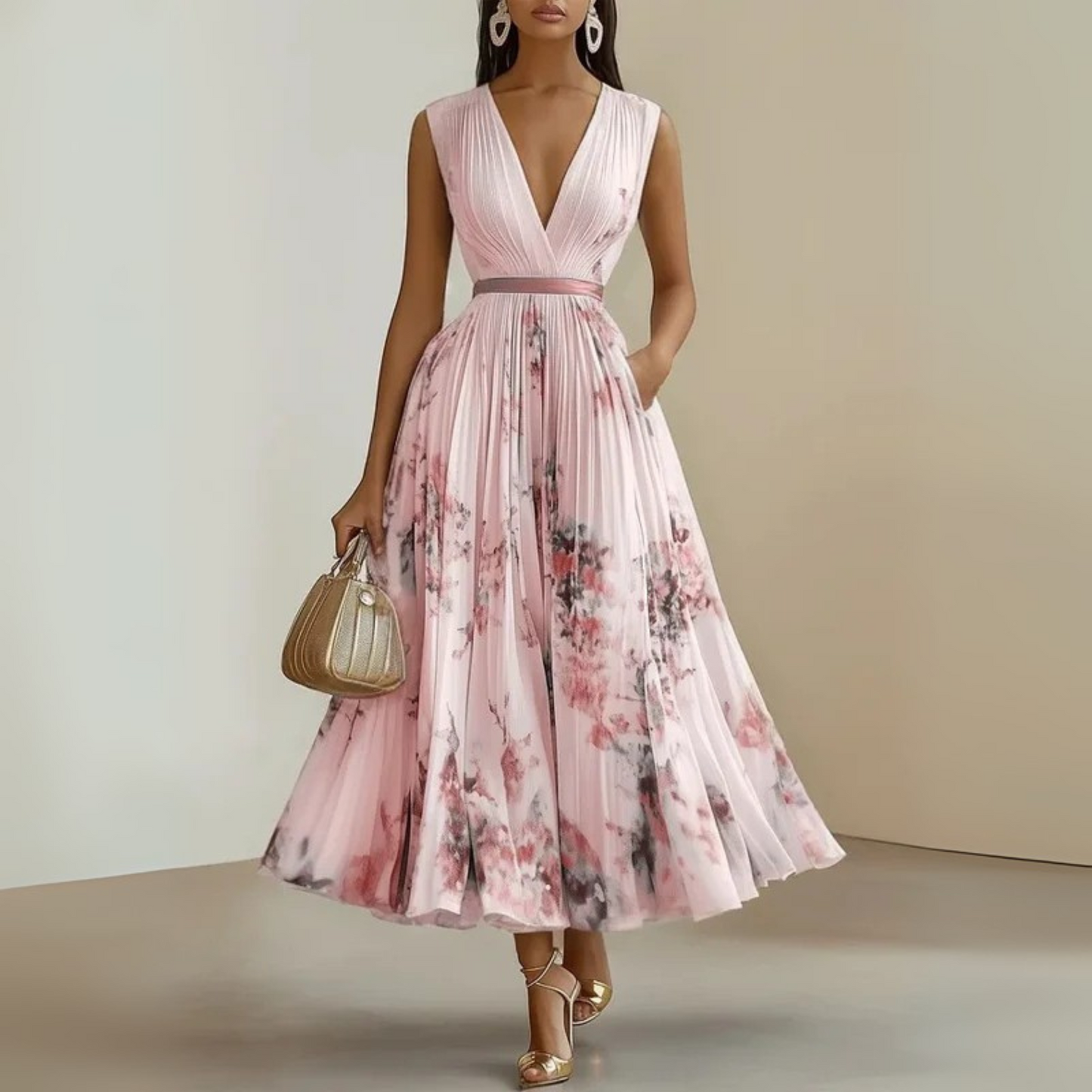 Flowy sleeveless maxi dress in soft drape fabric with flattering V-neck, breezy feminine silhouette