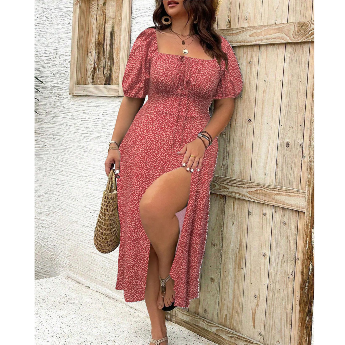 Elegant black plus size puff sleeve maxi dress with flowing length and curve-flattering fit