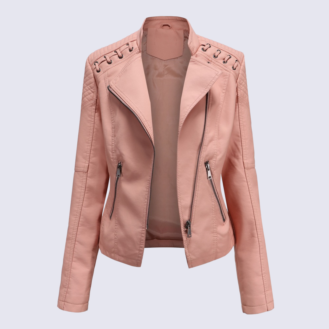 Women's black faux leather biker jacket with sleek PU finish and classic clean-line silhouette