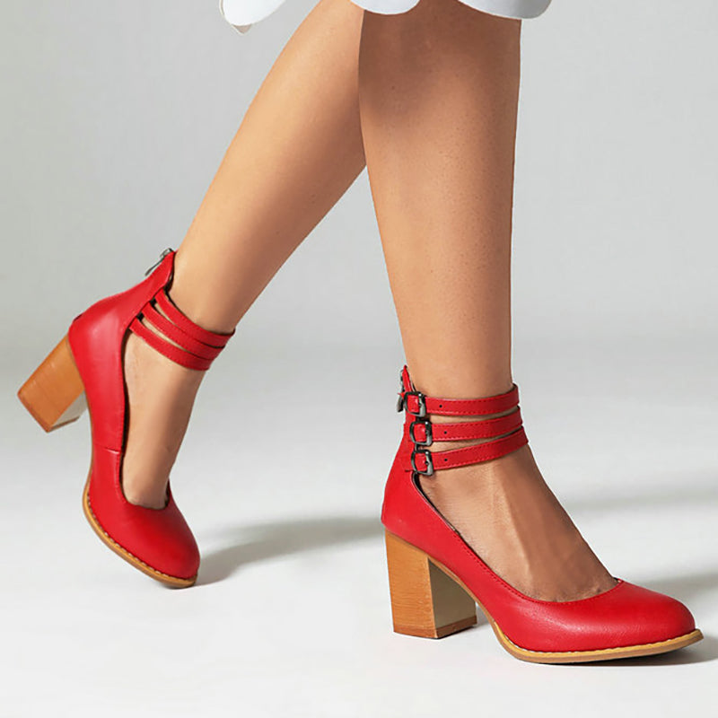 Smooth beige ankle strap sandals with thick block heel, minimalist design for women