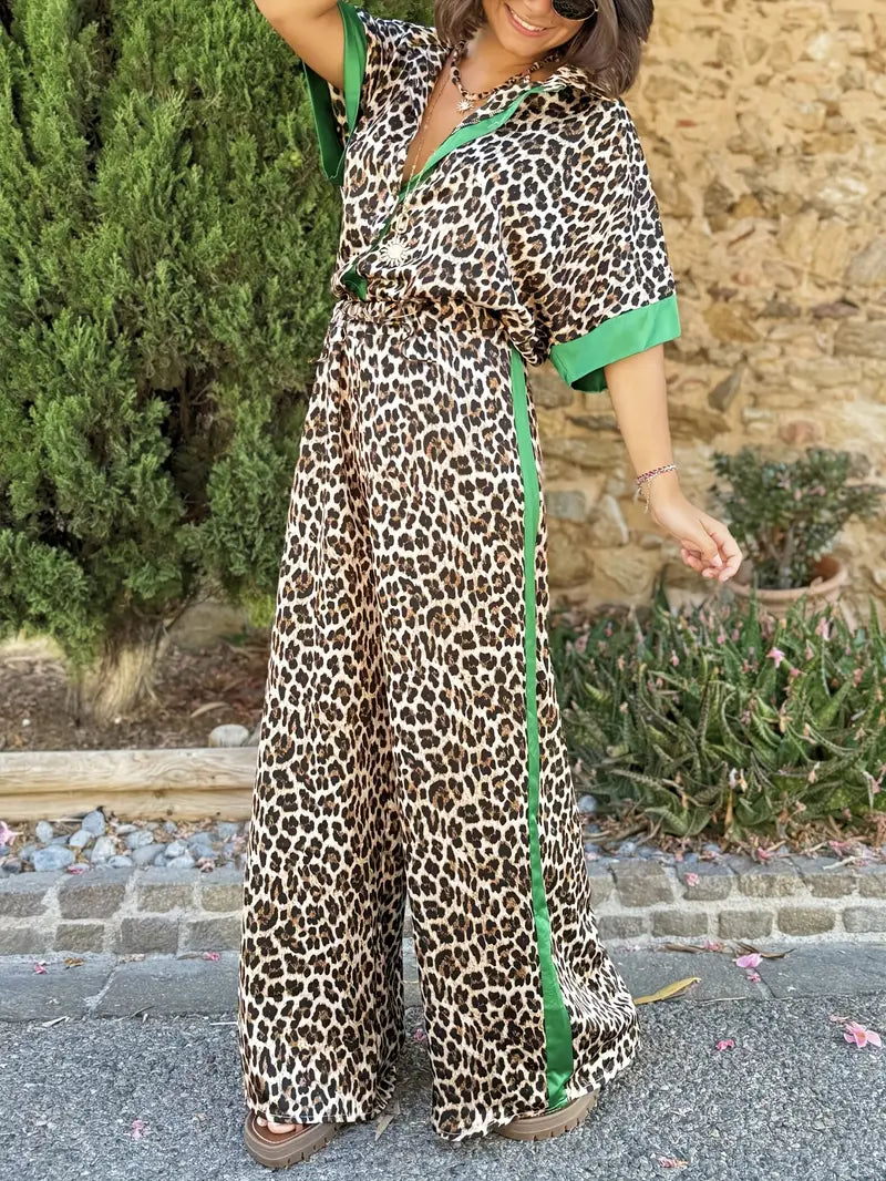 Fluid leopard print wide-leg two-piece set in bold multicolor, breezy silhouette with soft drape