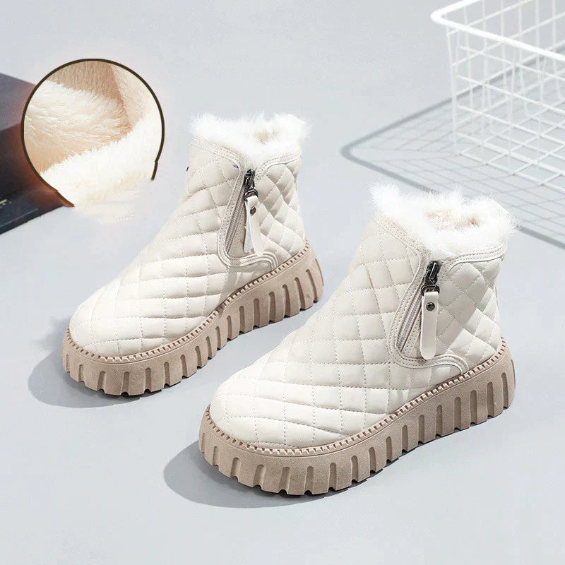 Checkered quilted vegan leather ankle boots with plush fur lining, bold diamond pattern, versatile style