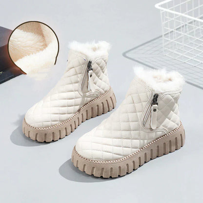 Checkered quilted vegan leather ankle boots with plush fur lining, bold diamond pattern, versatile style