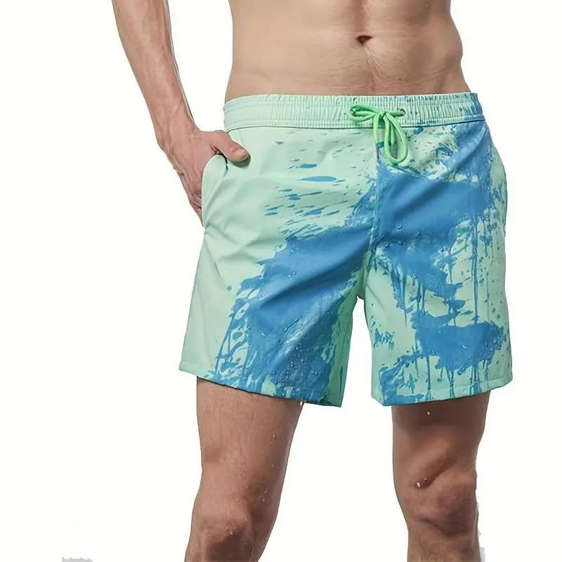 Men's color-changing boardshorts temperature-reactive swim trunks with dynamic heat-responsive fabric