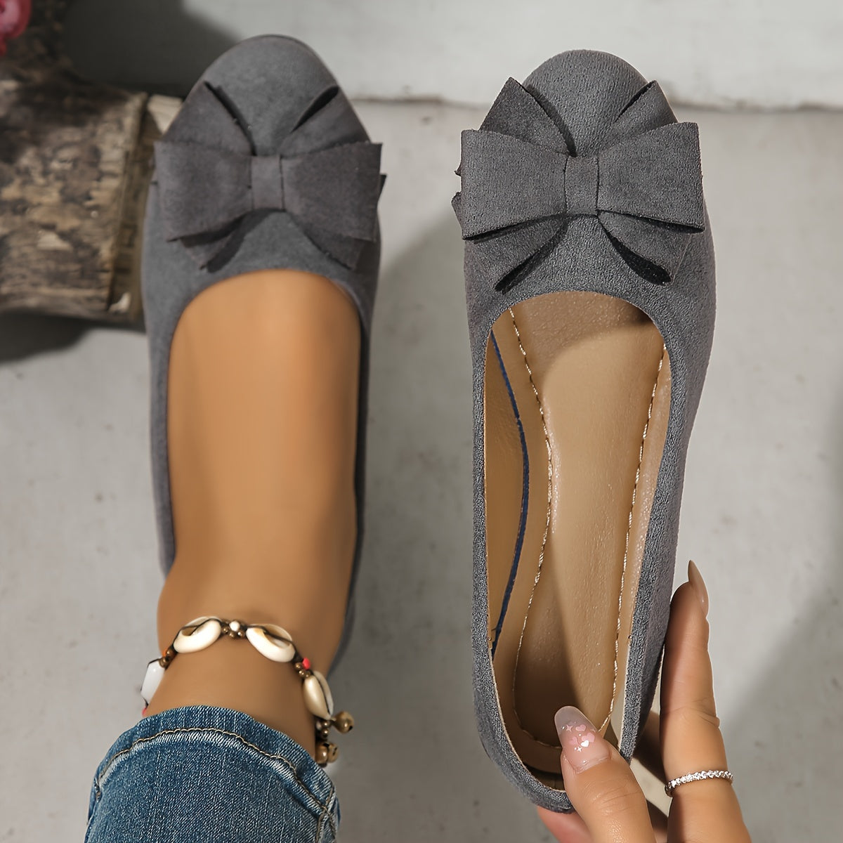 Women's blush suede-look ballet flats slip-on with sweet bow detail at round toe, feminine style