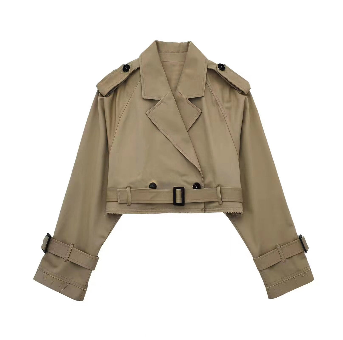 Women's cropped double-breasted trench coat in classic beige with waist-defining silhouette