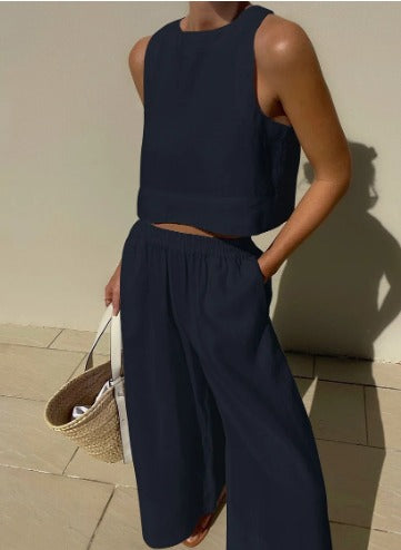 Women's linen two-piece set crop top wide-leg pants coordinated summer outfit vibrant color