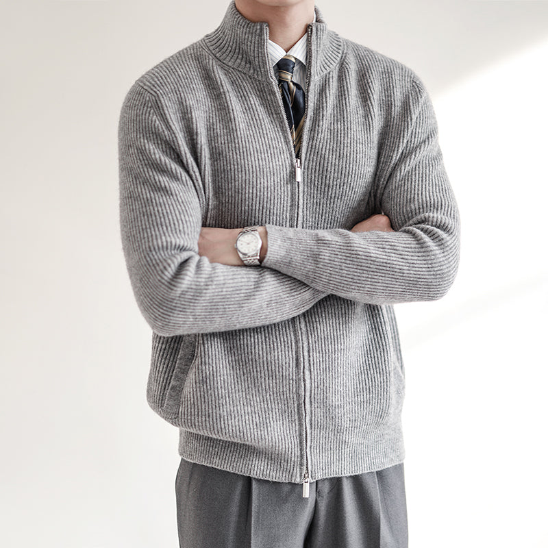 Men's slim fit wool blend cardigan, gray ribbed high collar zip-up sweater with refined silhouette
