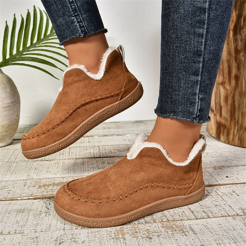 Women's cozy slip-on moccasin winter boots with plush lining, warm neutral tones, casual everyday style