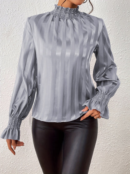 Women's glossy satin blouse with high ruffle collar, smocked cuffs, long sleeves, elegant office chic style