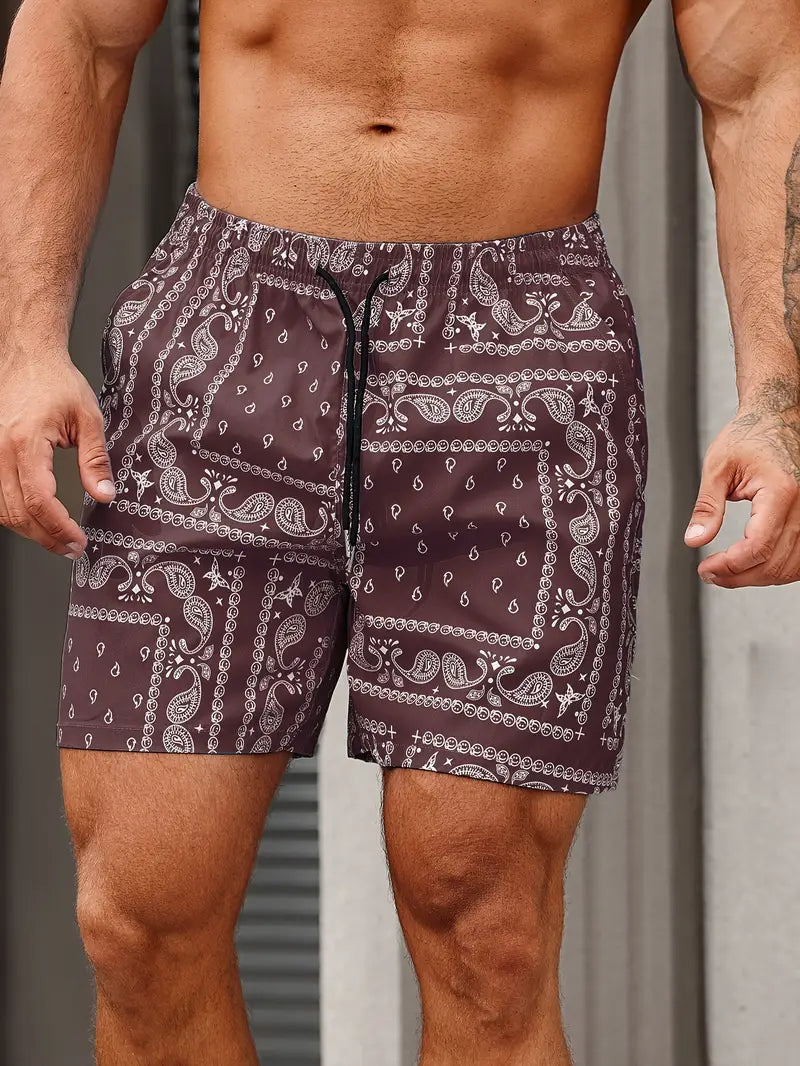 Men's bandana print swim shorts mid-thigh relaxed fit quick-dry beach pool wear