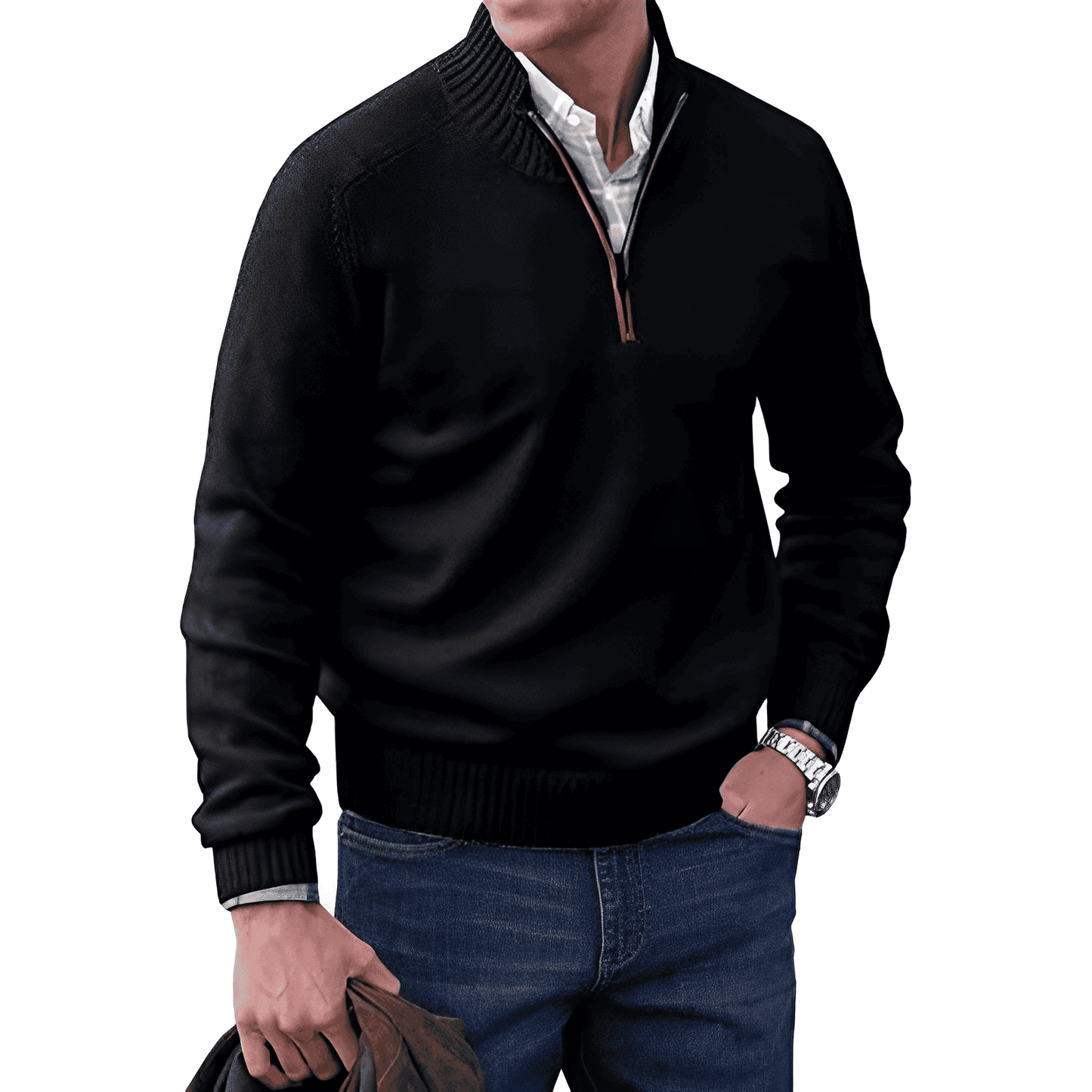 Men's navy blue knitted half-zip pullover jumper with soft cozy texture for layering warmth
