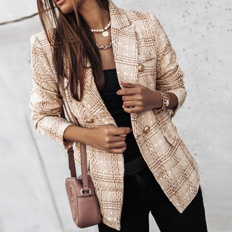 Women's tweed tailored blazer in classic pattern with gold button closure for elegant structured fit