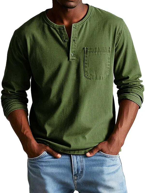 Men's classic indigo long sleeve Henley shirt with 3-button placket for relaxed everyday style