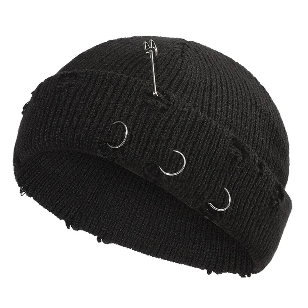 Distressed cotton beanie cap with metal ring hardware in bold streetwear style