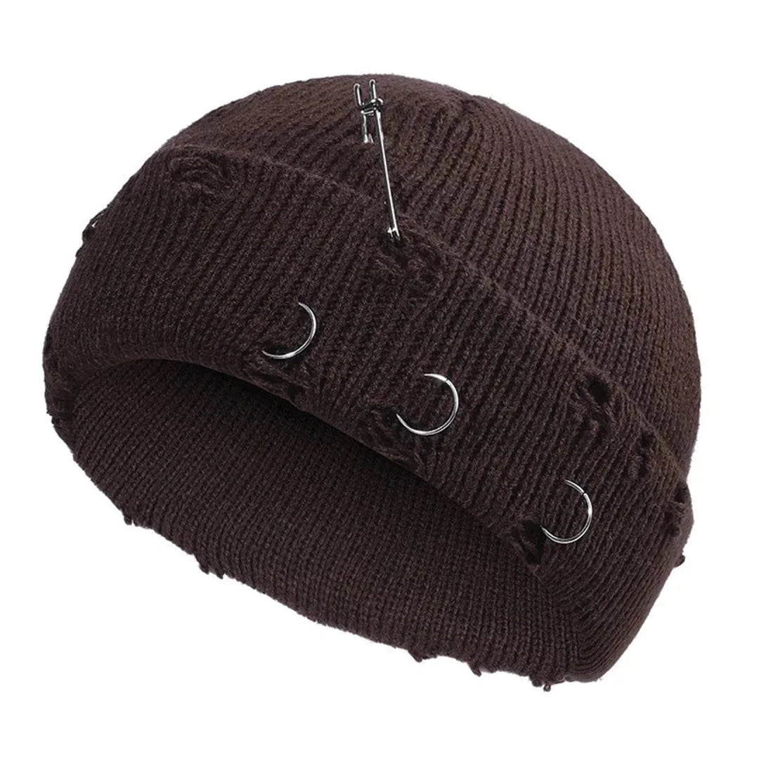 Distressed cotton beanie cap with metal ring hardware in bold rebellious streetwear style