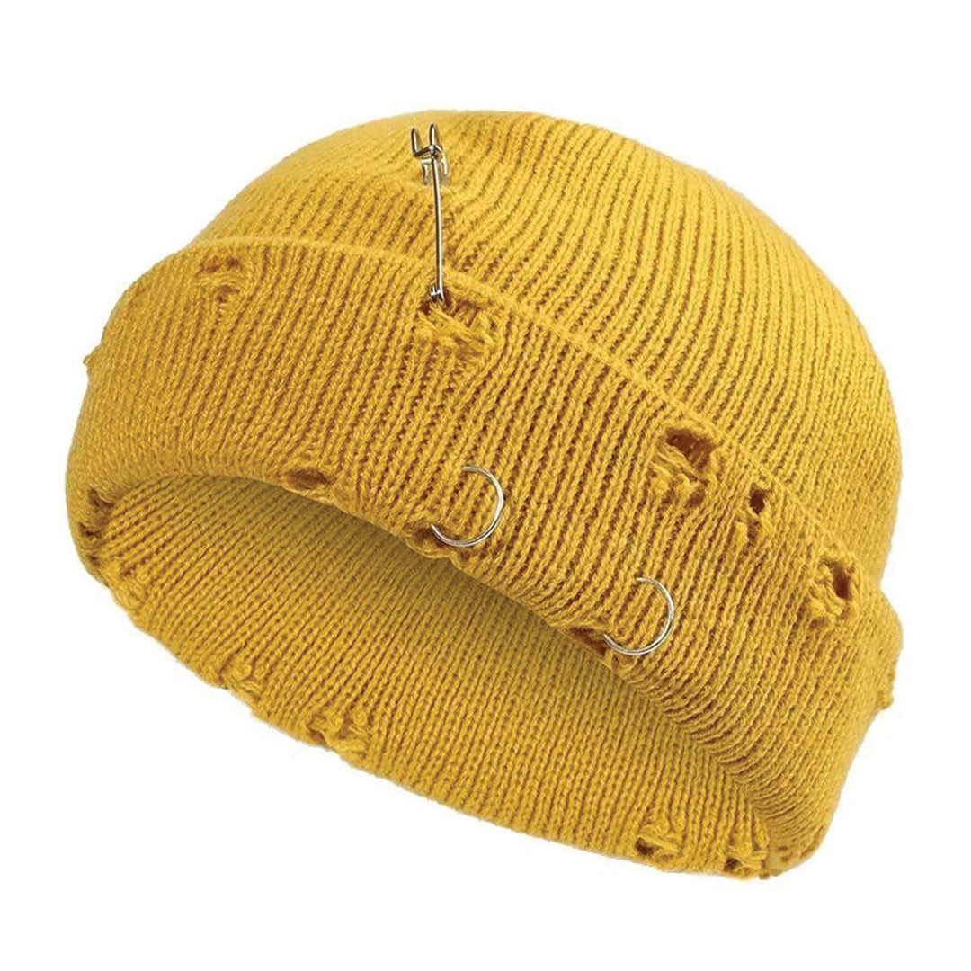 Distressed cotton beanie cap with metal ring hardware in bold street-style fashion