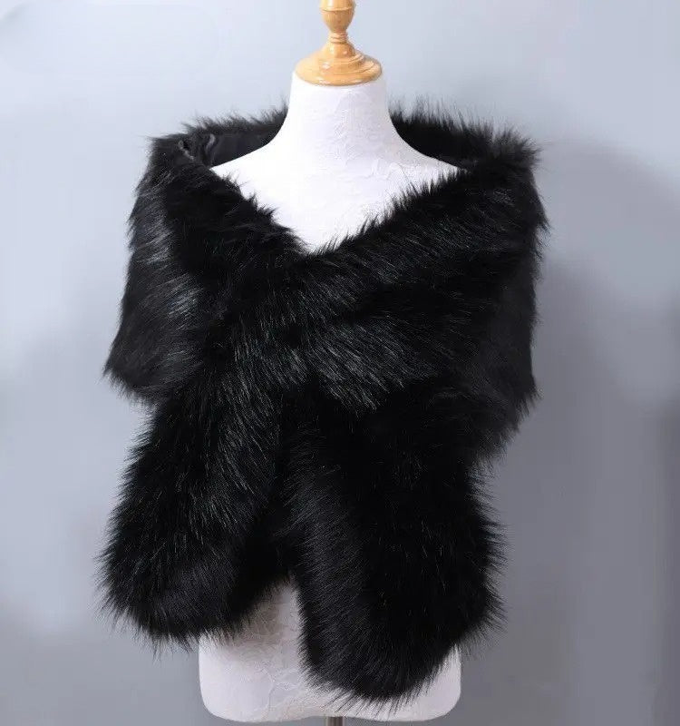 Ivory wrap shawl with plush faux fur trim, elegant shoulder coverage for formal occasions