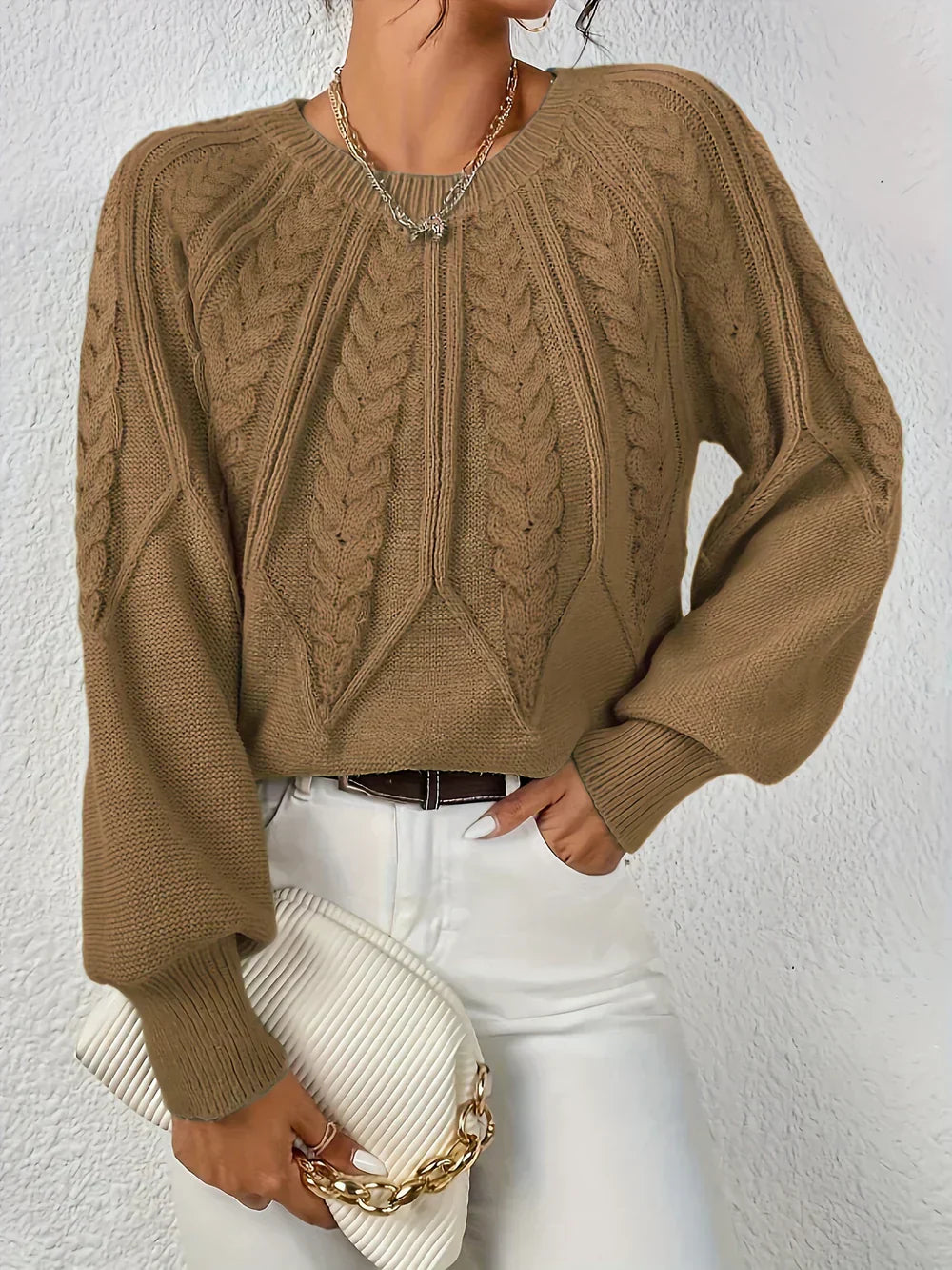 Willow™ cream cable-knit relaxed-fit sweater with intricate textured detailing for modern style