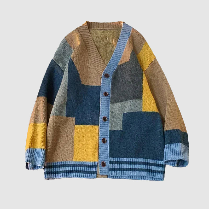 90s-inspired oversized patchwork cardigan with bold contrasting color blocks and relaxed vintage fit