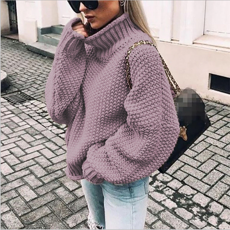 Women's chunky knit turtleneck sweater oversized fit thick textured stitches warm cozy style