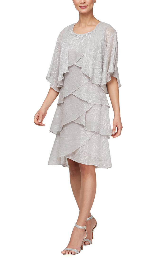 Sleeveless sheath dress with short waterfall jacket, tiered silhouette, mother of the bride semi-formal style