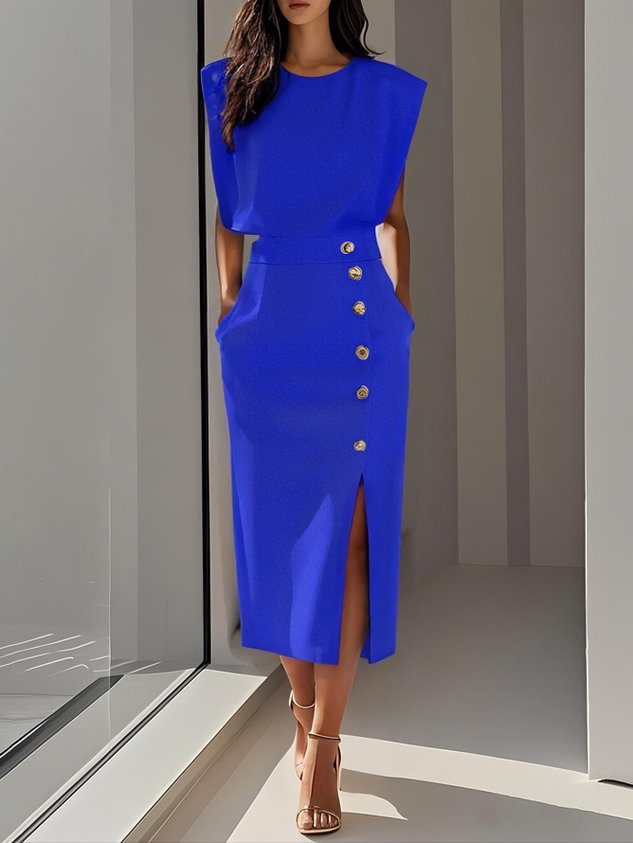 Elegant midi dress with round neckline and button slit detail in a flattering feminine silhouette