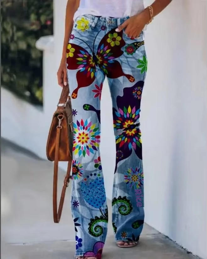 Women's floral print jeans in vibrant retro botanical pattern, slim-fit cotton blend denim for everyday style