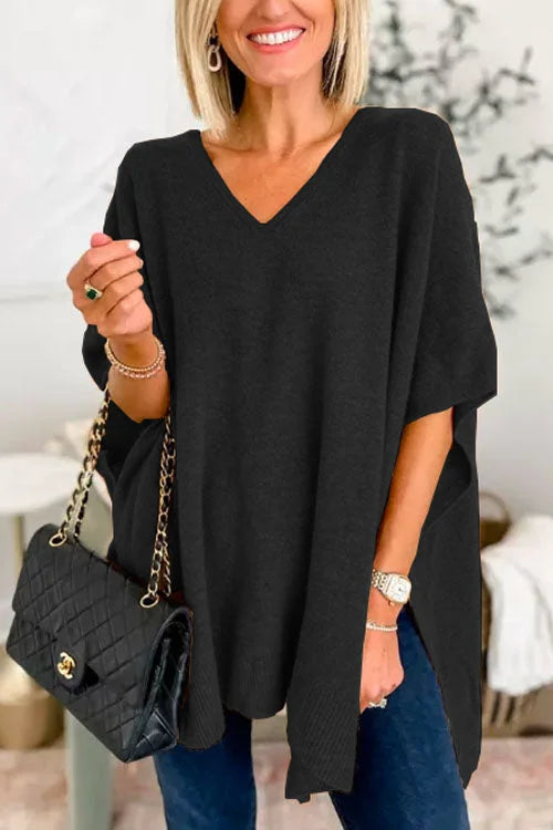 Women's soft knit poncho top loose fit V-neck draped design acrylic wool blend in neutral tone