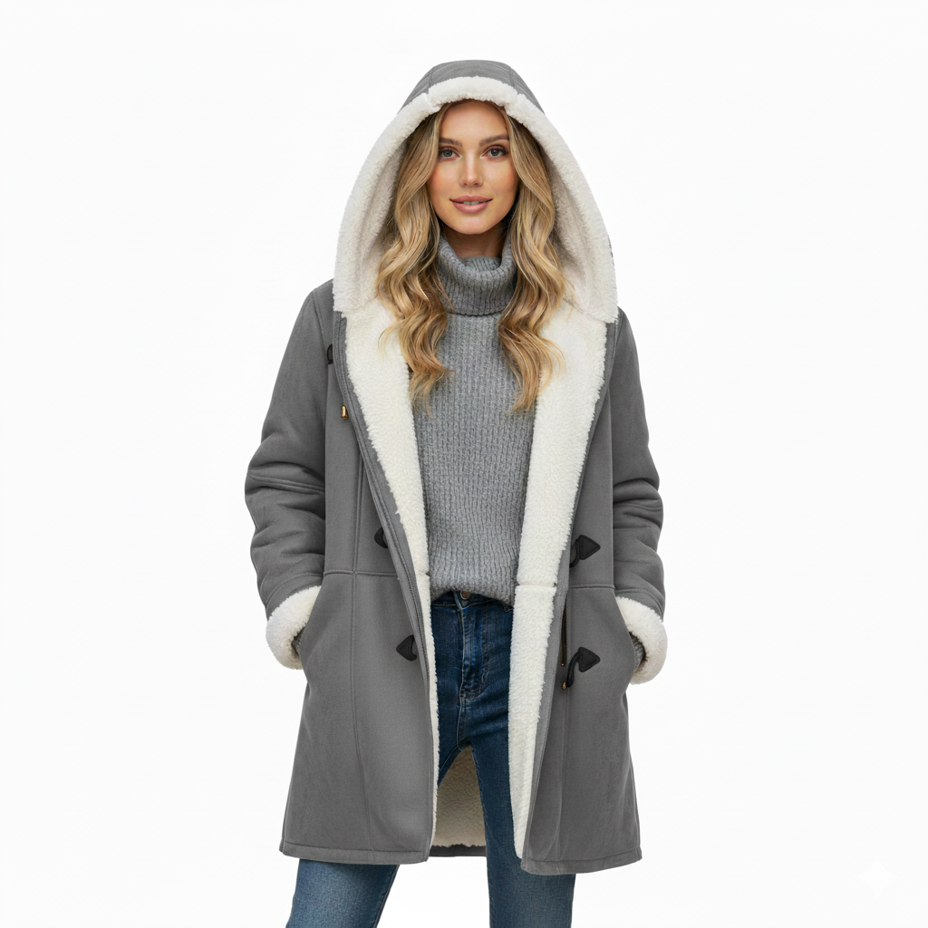 Women's mid-length hooded toggle coat with plush lining, cozy relaxed fit for all-day warmth