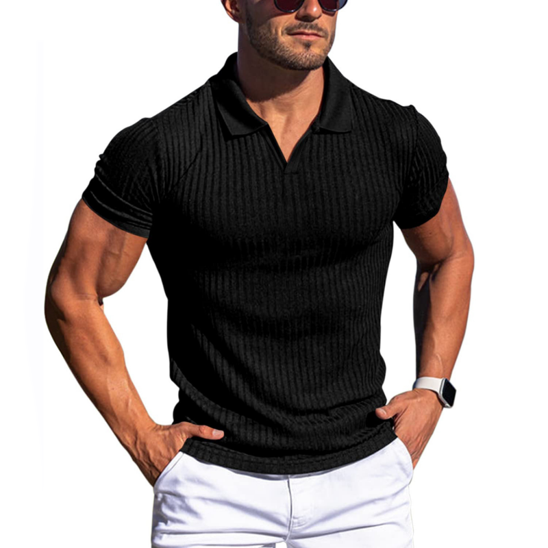 Men's slim-fit ribbed knit polo shirt in a short-sleeve style with tailored chest detailing