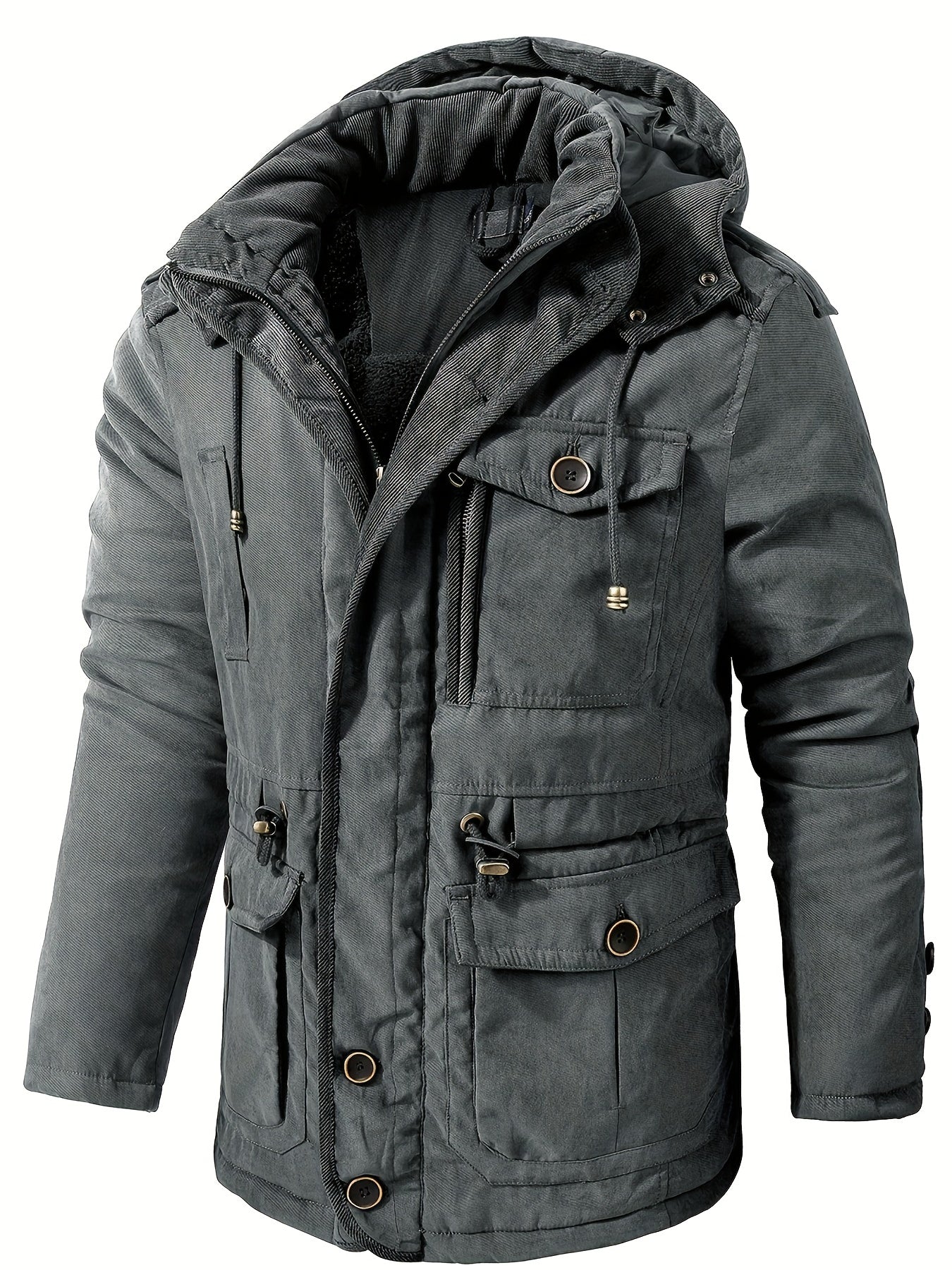 Men's thick insulated hooded utility jacket with multiple pockets, rugged winter style