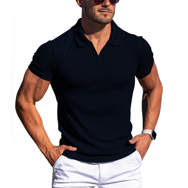 Men's slim fit knit polo shirt ribbed texture short sleeve casual semi-formal premium everyday wear