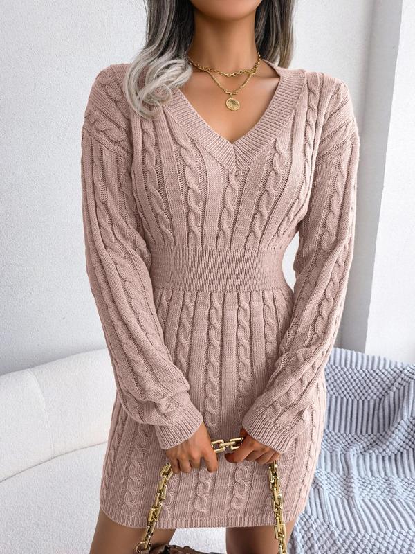 Cozy long sleeve V-neck dress in soft fabric with flattering feminine silhouette and shape-enhancing fit
