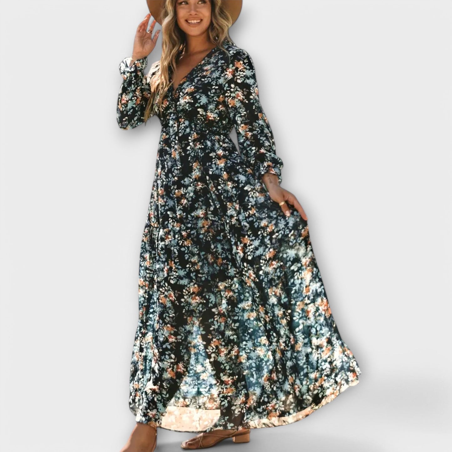 Floral V-neck maxi dress in romantic print, flowing silhouette with flattering fit for elegant occasions