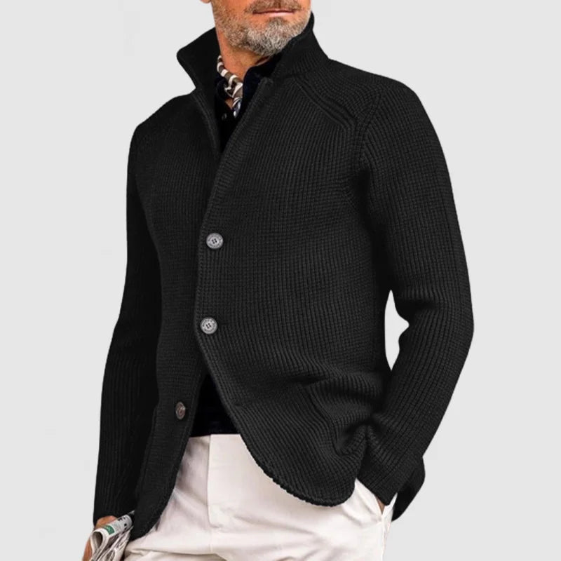 Men's navy knit cardigan long sleeve button closure cozy Nordic style layering piece