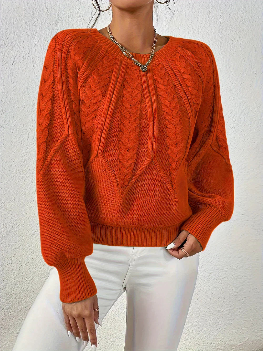 Willow™ relaxed cable-knit sweater in neutral tones with intricate texture detailing and flattering fit