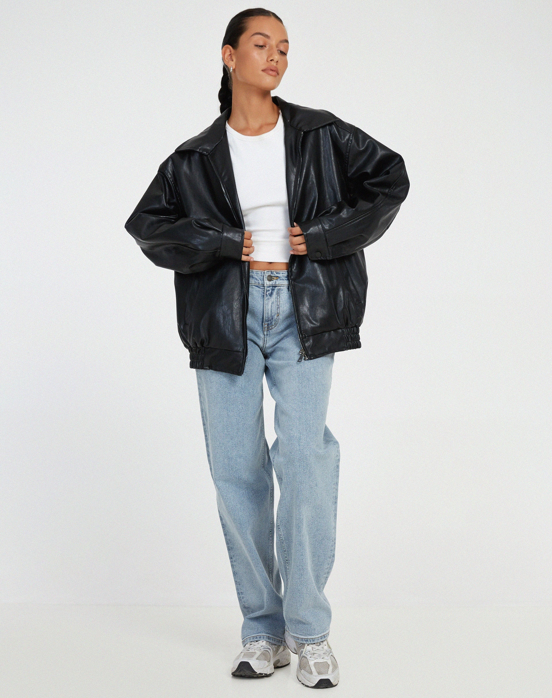 Ruby women's oversized leather bomber jacket in bold red with boxy silhouette and dropped shoulders
