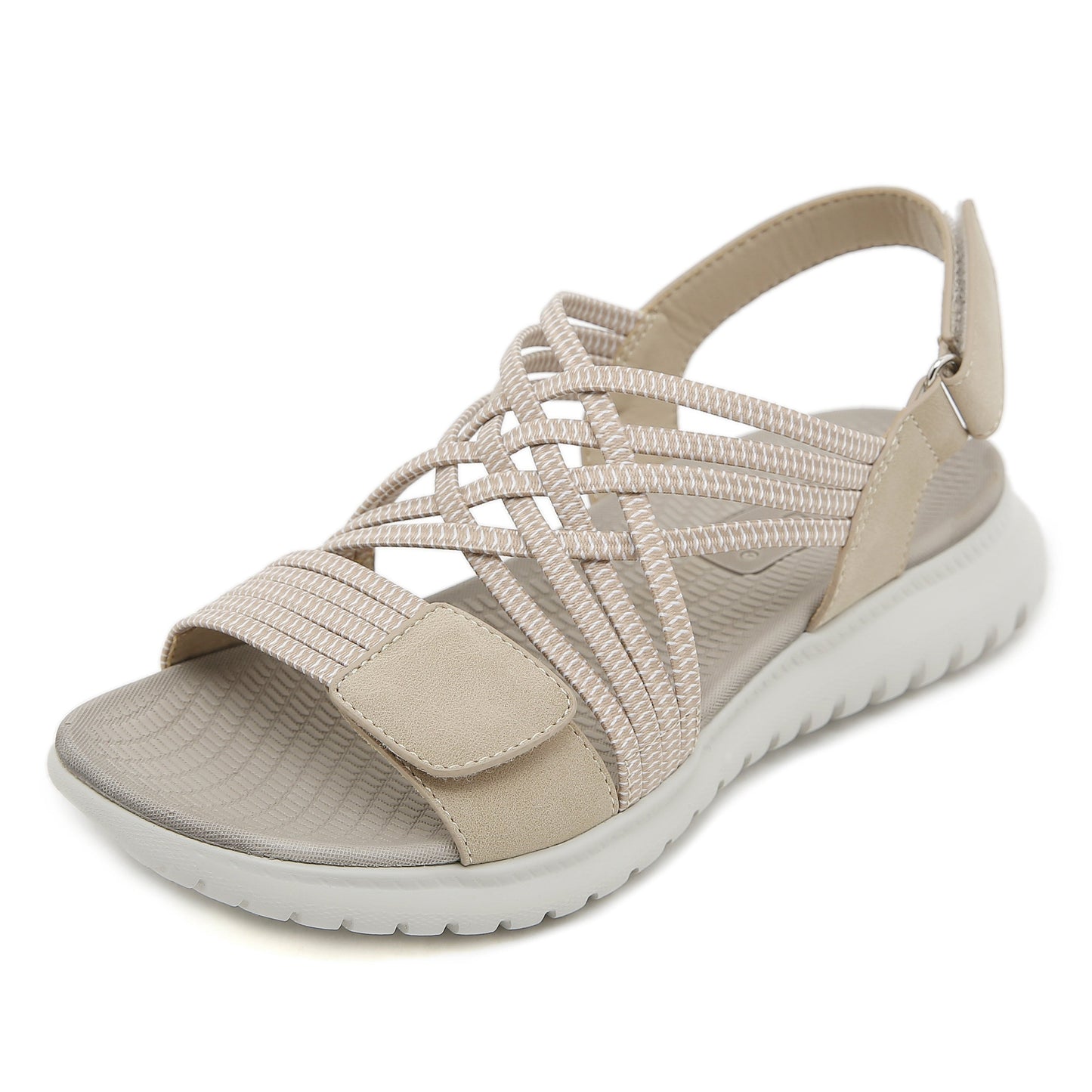 Women's comfort adjustable sandals in neutral tones with supportive cushioned footbed and elegant strap design