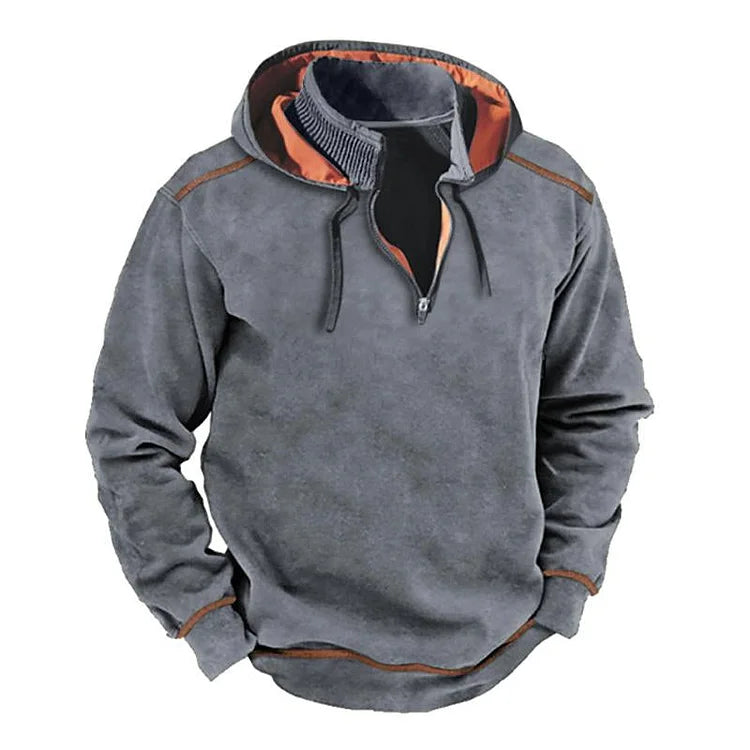 Men's gray relaxed-fit half-zip hoodie sweatshirt with ribbed collar cotton blend casual wear