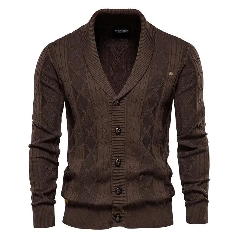 Cambridge Heritage Cardigan brown diamond knit shawl collar button-up slim fit sweater