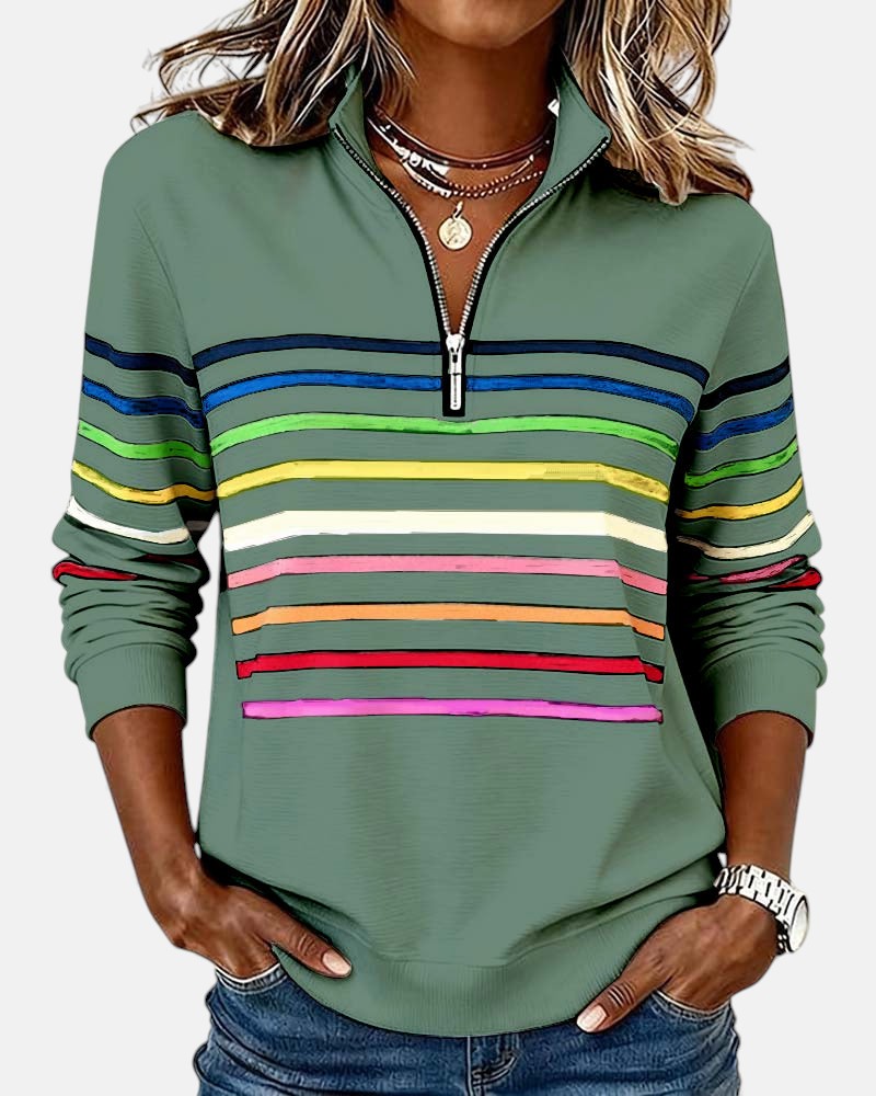 Rainbow striped zip sweatshirt with vibrant vertical color lines and relaxed flattering fit