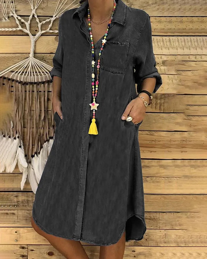Women's loose-fit casual shirt dress with button closure and three-quarter sleeves, relaxed cotton-blend