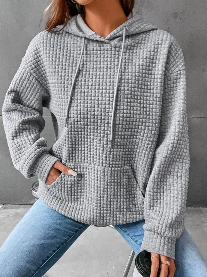 Women's relaxed-fit quilted hoodie with drawstring hood, kangaroo pocket, and ribbed trim