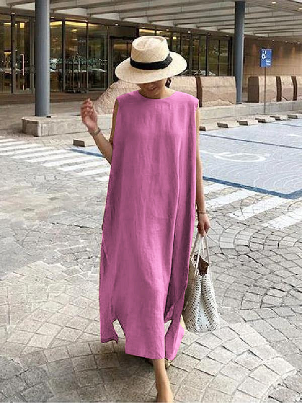 Bohemian white floral linen-cotton maxi dress with side slit, relaxed one-size fit for women